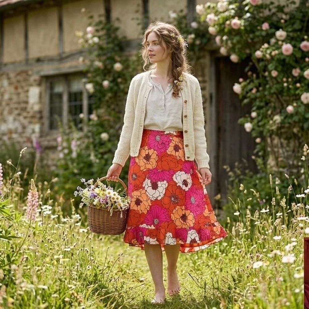 100% Silk Floral Ruffle Skirt retro boho vibe, cottage size 10 bold vibrant